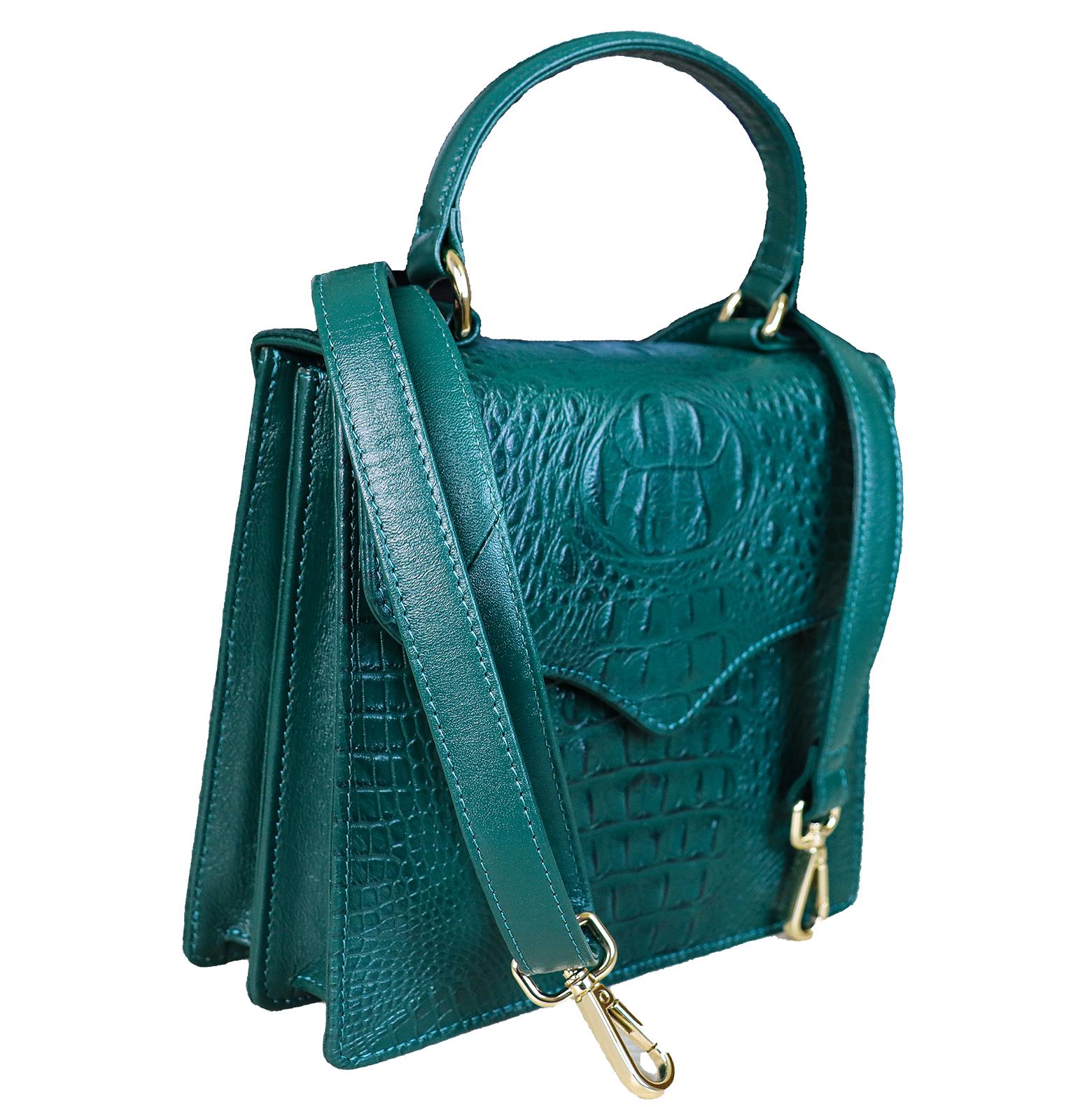 Green Alligator Classic Crocodile Pattern Top Handle Crossbody Bag, Genuine Leather Skin Women's Handbag.